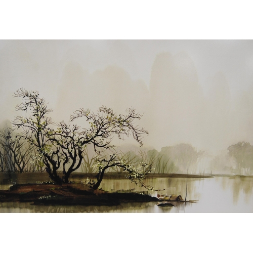 287 - He Zheng Qiang (Chinese, b. 1937)Chinese landscapes, a pairSigned, watercolour, 50cm x 74cm, with ac... 