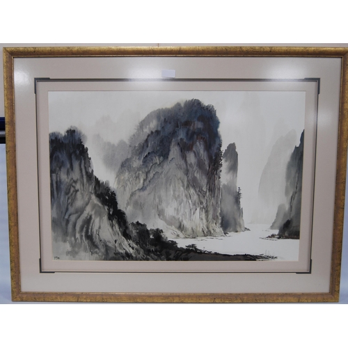 287 - He Zheng Qiang (Chinese, b. 1937)Chinese landscapes, a pairSigned, watercolour, 50cm x 74cm, with ac... 