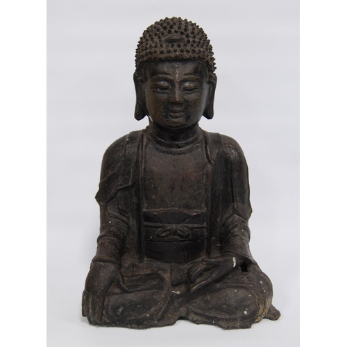 291 - South East Asian antique bronze lacquered medicine Buddha figure in seated meditation, 25cm high.