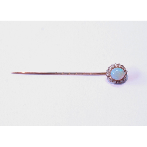 96 - Victorian gold scarf pin with opal and old-cut diamond oval cluster.