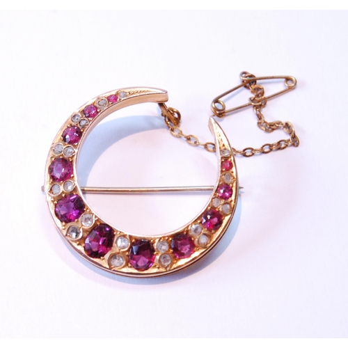 97 - Victorian gold crescent brooch with pink tourmalines and diamond points, 7.4g gross.