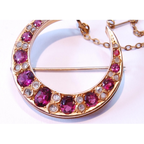 97 - Victorian gold crescent brooch with pink tourmalines and diamond points, 7.4g gross.