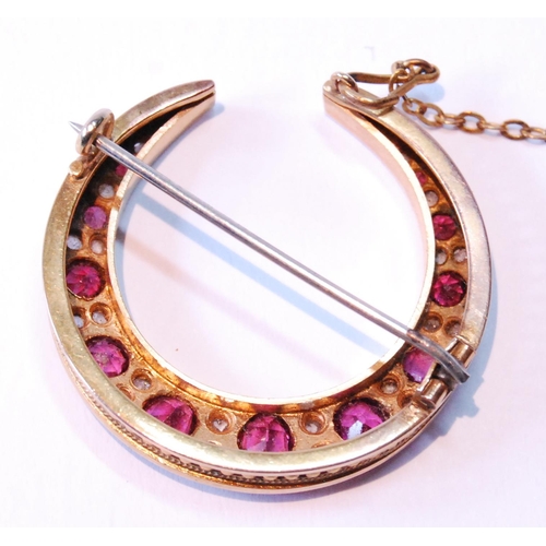 97 - Victorian gold crescent brooch with pink tourmalines and diamond points, 7.4g gross.