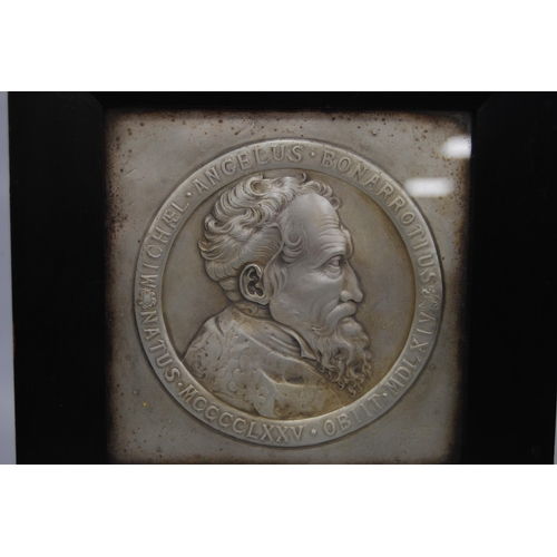 183 - Michael AngelusAntique silvered copper deposit plaque in the form of a profile bust reading Michæl A... 