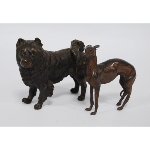 184 - Cast bronze figure modelled as a Norwegian elkhound, 11cm high, and a bronze figure of a greyhound, ... 