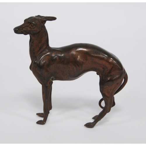 184 - Cast bronze figure modelled as a Norwegian elkhound, 11cm high, and a bronze figure of a greyhound, ... 