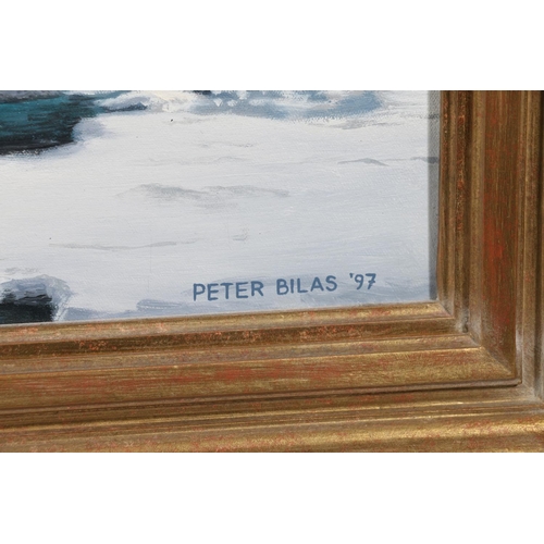 314 - PETER BILAS (South African b1952) *ARR* Antarctic scene with The Terra Nova and penguins Oil on canv... 