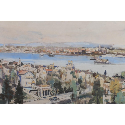 328 - JAMES KAY RSA RSW (Scottish 1858-1942) River city Gouache, signed lower right, 26cm x 35cm, frame 39... 