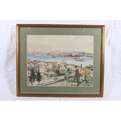 328 - JAMES KAY RSA RSW (Scottish 1858-1942) River city Gouache, signed lower right, 26cm x 35cm, frame 39... 