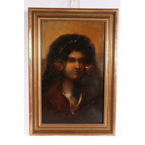 338 - 19TH CENTURY SCHOOL Bust length portrait of a lady Oil on panel, unsigned, 34cm x 21cm, frame 43cm x... 