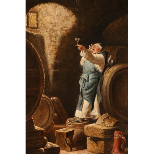 341 - 19TH CENTURY SCHOOL Monk in a wine cellar Oil on panel, unsigned, 22cm x 16cm, frame 40cm x 34cm.... 