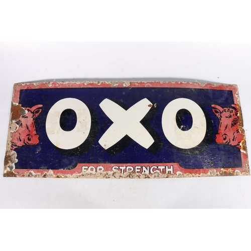 345 - Vintage enamelled metal Oxo sign with 'For Strength' motto and shorthorn, 30cm x 76cm.