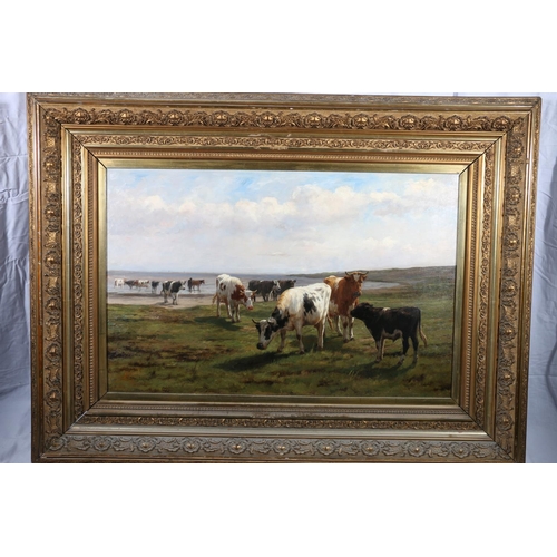 264 - DIRK PETER VAN LOKHORST (Dutch 1848-1894) Cattle grazing on the machair with horse by the shore Oil ... 