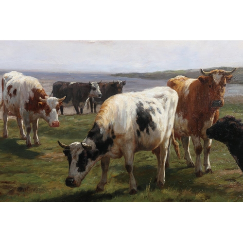 264 - DIRK PETER VAN LOKHORST (Dutch 1848-1894) Cattle grazing on the machair with horse by the shore Oil ... 