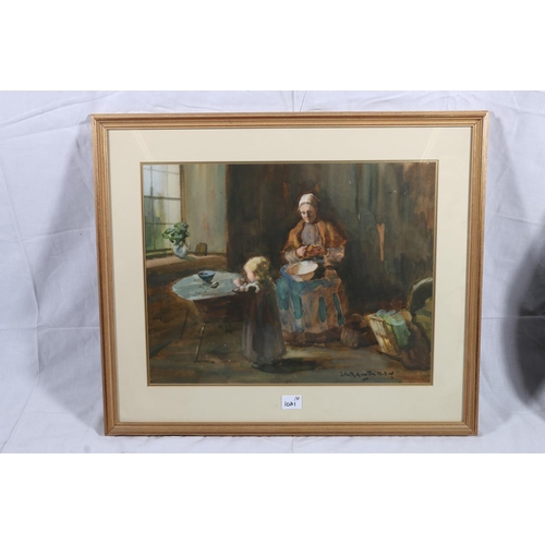 269 - JOHN RENNIE MCKENZIE HOUSTON RSW (Scottish 1856-1932) Women mending clothes Watercolour, signed lowe... 