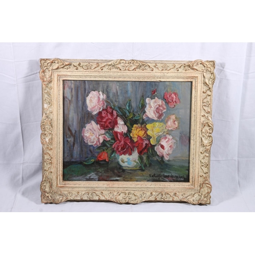 274 - KATHRYN LEE MITCHELL Still life vase of flowers Oil on board, signed lower right, 40cm x 50cm, frame... 