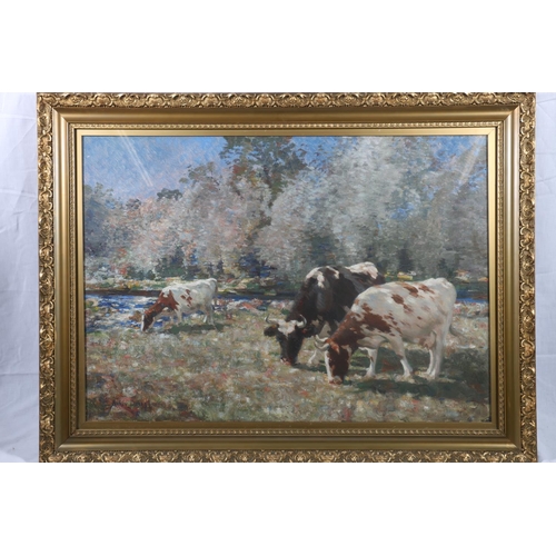 291 - ANDREW DOUGLAS RSA (British 1871-1935) Cattle grazing Oil on canvas, signed lower left, 55cm x 78cm,... 