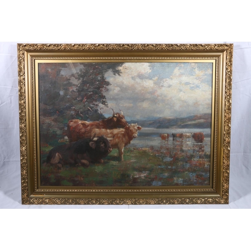 292 - ANDREW DOUGLAS RSA (British 1871-1935) Cattle watering Oil on canvas, signed lower left, 55cm x 78cm... 