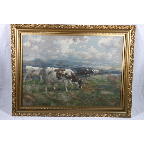 293 - ANDREW DOUGLAS RSA (British 1871-1935) Cattle grazing Oil on canvas, unsigned, 55cm x 78cm, frame 71... 