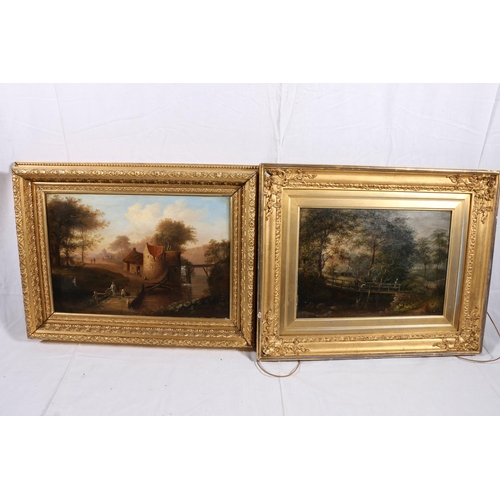 294 - 19TH CENTURY SCHOOL Mill and lade on a river Oil on board, unsigned, 27cm x 40cm, gilt frame 40cm x ... 