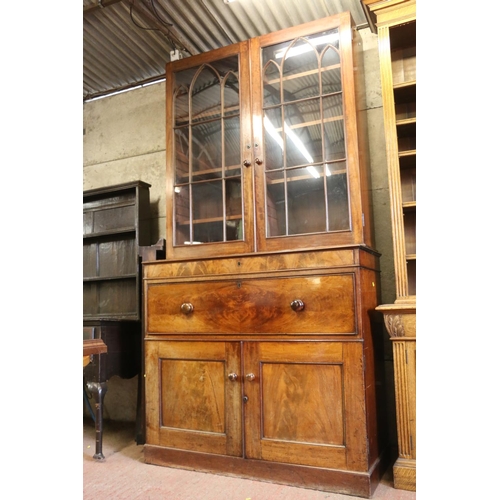 662 - 19th century mahogany secretaire bookcase, the pediment cornice over two glazed doors with arrangeme... 