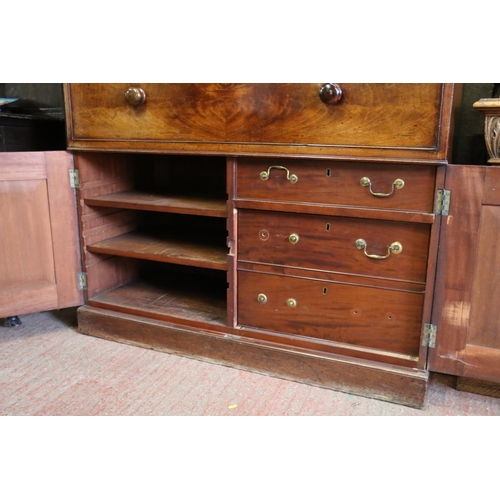 662 - 19th century mahogany secretaire bookcase, the pediment cornice over two glazed doors with arrangeme... 