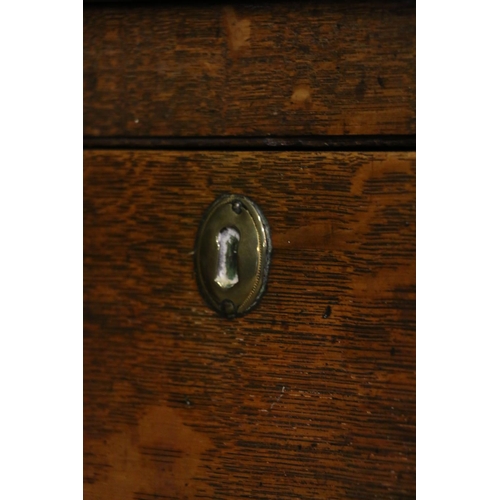 680 - Georgian oak dresser, the moulded cornice over plate rail, with shelves and cupboards, on base with ... 