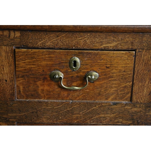 680 - Georgian oak dresser, the moulded cornice over plate rail, with shelves and cupboards, on base with ... 