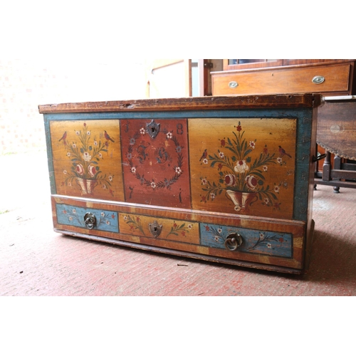 684 - 19th century Scandinavian or German painted trunk, with foliate and birds design and initials to fro... 