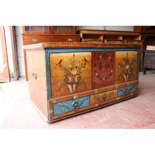 684 - 19th century Scandinavian or German painted trunk, with foliate and birds design and initials to fro... 