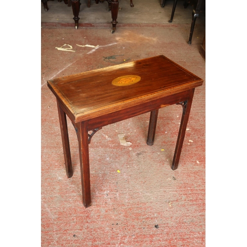 687 - 19th century mahogany and inlaid card table, with fold-over top, supported by gate-leg, 73 x 81 x 40... 