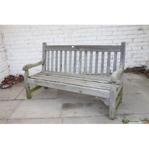 694 - Weathered teak bench, bears plaque 'Made from teak wood taken from HMS Thunderer in action at Jutlan... 