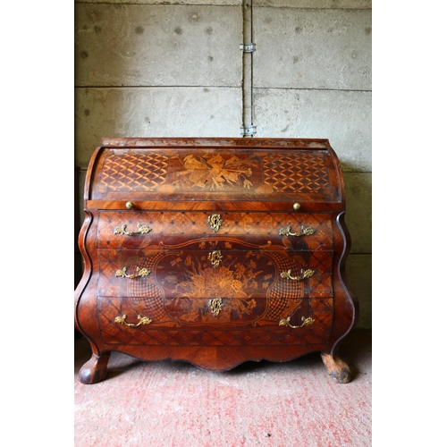 697 - Dutch inlaid roll-top desk, with intricate inlay to include instruments and musical notes to front o... 