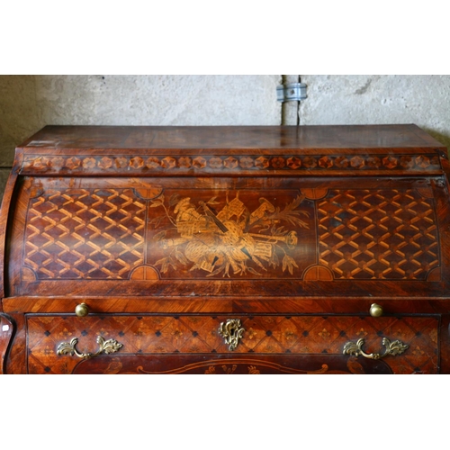 697 - Dutch inlaid roll-top desk, with intricate inlay to include instruments and musical notes to front o... 