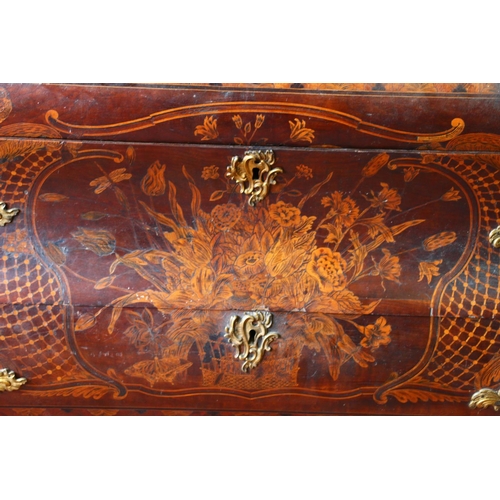 697 - Dutch inlaid roll-top desk, with intricate inlay to include instruments and musical notes to front o... 