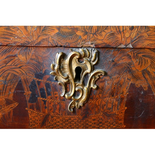 697 - Dutch inlaid roll-top desk, with intricate inlay to include instruments and musical notes to front o... 