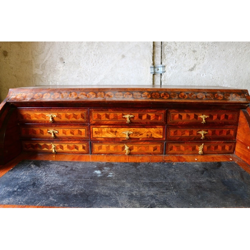 697 - Dutch inlaid roll-top desk, with intricate inlay to include instruments and musical notes to front o... 