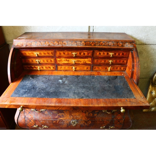 697 - Dutch inlaid roll-top desk, with intricate inlay to include instruments and musical notes to front o... 