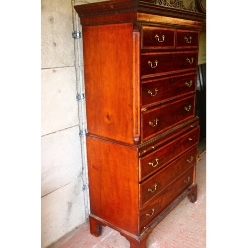 699 - George III mahogany chest on chest, dentil work cornice, the swan neck pediment with fret work, over... 