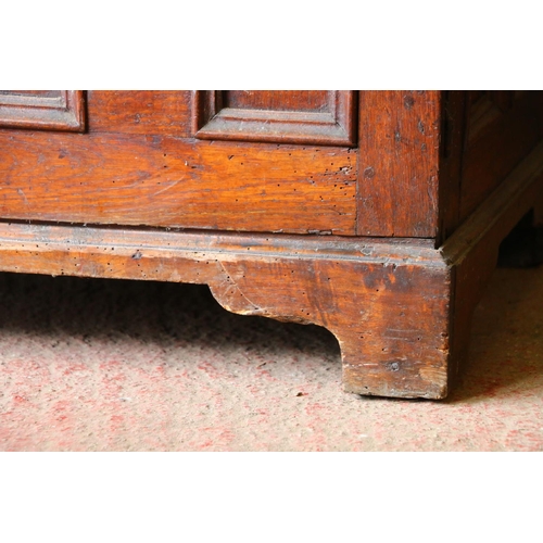 702 - 18th century French oak cabinet, with rectangular top, moulded edge, dentil cornice over two geometr... 