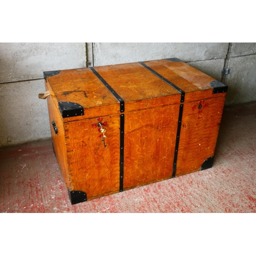 737 - 19th century pine travelling trunk, with scumbled exterior and tray to interior, two locks and metal... 