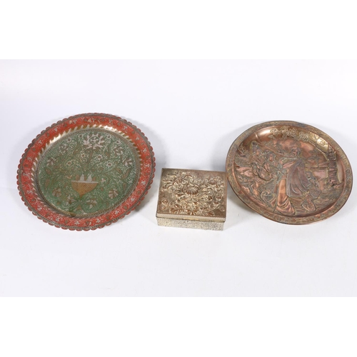 523 - Middle Eastern metal and enamel dish with foliate decoration and scalloped edge, 24cm diameter, also... 