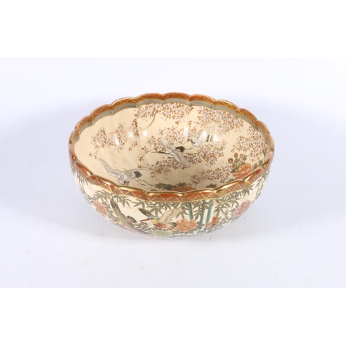 526 - Satsuma bowl with scalloped edge with bird and foliate decoration, 22cm dia.