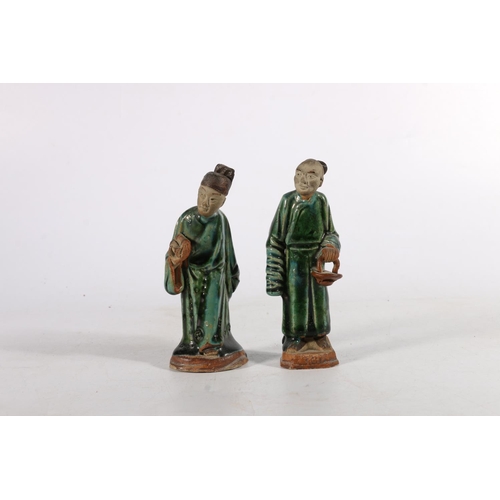 537 - Pair of green part glazed Chinese funeral figures, one indistinctly inscribed to base, 13cm.