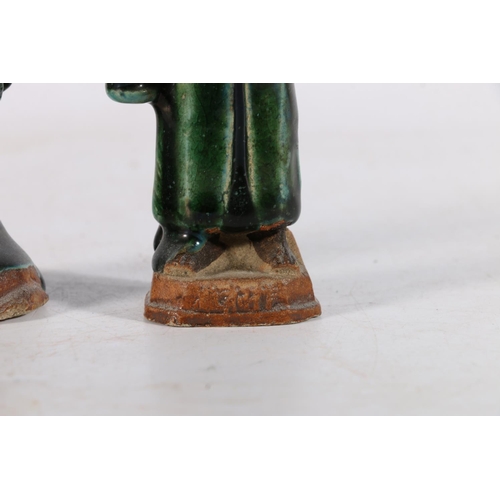 537 - Pair of green part glazed Chinese funeral figures, one indistinctly inscribed to base, 13cm.