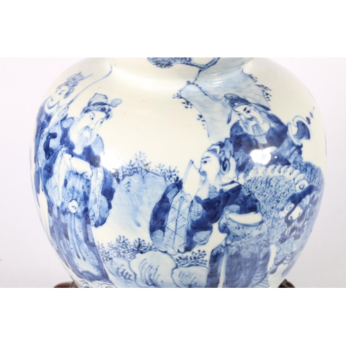 538 - Chinese double gourd blue and white vase depicting procession with noble figure riding guardian lion... 