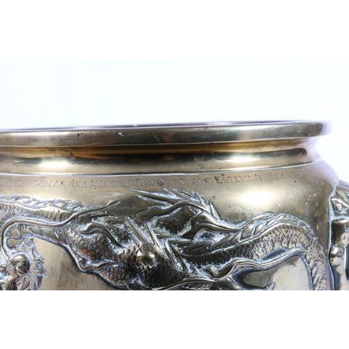 540 - Chinese bronze jardinière with dragons in relief and face mask handles to sides, inscribed 