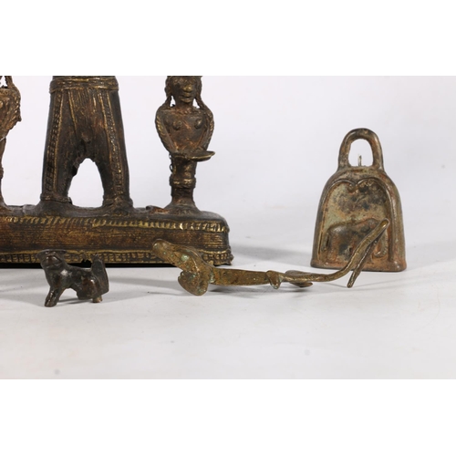 585 - Bronze and metal figures to include a warrior with bow and arrow and snakes on hat, 18cm, etc.