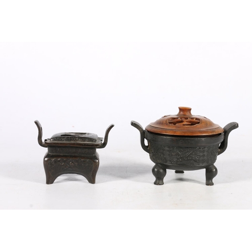 586 - Small Chinese censor with wooden lid and seal mark to base, 9cm high, another censor and lid,