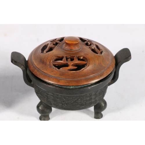 586 - Small Chinese censor with wooden lid and seal mark to base, 9cm high, another censor and lid,